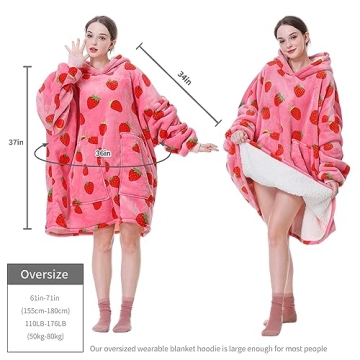 Aemicion Strawberry Blanket Hoodie,Oversized Wearable Blanket,Sherpa Hooded Blanket,Warm Cozy Sweatshirt Blanket Gifts for Women Girls Adult