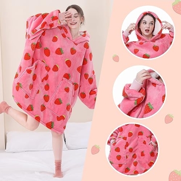 Aemicion Strawberry Blanket Hoodie,Oversized Wearable Blanket,Sherpa Hooded Blanket,Warm Cozy Sweatshirt Blanket Gifts for Women Girls Adult
