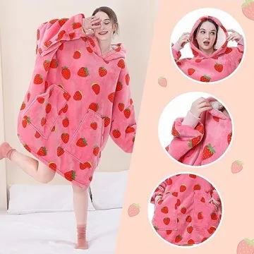 Aemicion Strawberry Blanket Hoodie,Oversized Wearable Blanket,Sherpa Hooded Blanket,Warm Cozy Sweatshirt Blanket Gifts for Women Girls Adult
