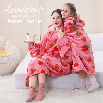 Aemicion Strawberry Blanket Hoodie,Oversized Wearable Blanket,Sherpa Hooded Blanket,Warm Cozy Sweatshirt Blanket Gifts for Women Girls Adult