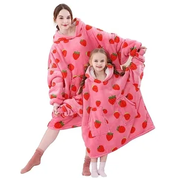 Aemicion Strawberry Blanket Hoodie,Oversized Wearable Blanket,Sherpa Hooded Blanket,Warm Cozy Sweatshirt Blanket Gifts for Women Girls Adult