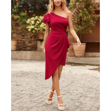 BTFBM One Shoulder Cocktail Dress Ruffle Sleeve Elegant