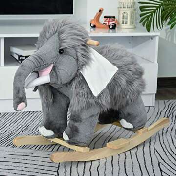 Qaba Kids Ride-On Rocking Horse Toy Mammoth Style Rocker with Fun Music & Soft Plush Fabric for Children 3+ Years