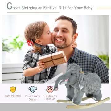 Qaba Kids Ride-On Rocking Horse Toy Mammoth Style Rocker with Fun Music & Soft Plush Fabric for Children 3+ Years