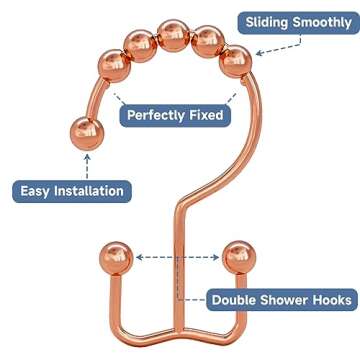 Titanker Shower Curtain Hooks Rings Rust Resistant Metal Double Glide Shower Hooks Rings for Bathroom Shower Rods Curtains, Set of 12 Hooks - Rose Gold