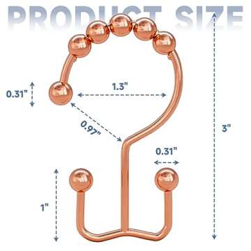 Titanker Shower Curtain Hooks Rings Rust Resistant Metal Double Glide Shower Hooks Rings for Bathroom Shower Rods Curtains, Set of 12 Hooks - Rose Gold