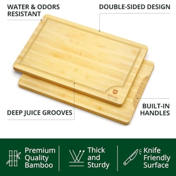 ROYAL CRAFT WOOD Wooden Cutting Boards for Kitchen Meal Prep & Cutting - Bamboo Wood Cutting Board Set with Deep Juice Groove Side Handles - Charcuterie & Chopping Butcher Block for Meat (4 Pcs)