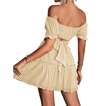 LYANER Women's 2 Piece Outfits Off Shoulder Tie Up Back Crop Top and Mini Skirt Set Beige Small