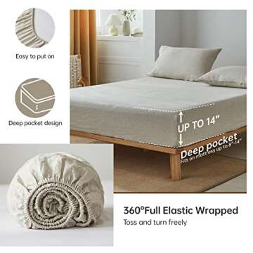 Simple&Opulence 100% French Linen Sheet Set Handmade Hemstitch Linen King Size-4 Piece (1 Flat Sheet 1 Fitted Sheet 2 Pillowcases)-Natural Flax Farmhouse Bedding