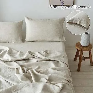 Simple&Opulence 100% French Linen Sheet Set Handmade Hemstitch Linen King Size-4 Piece (1 Flat Sheet 1 Fitted Sheet 2 Pillowcases)-Natural Flax Farmhouse Bedding