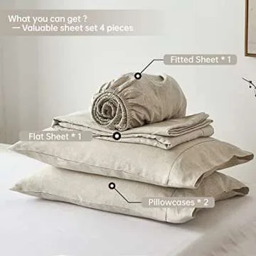 Simple&Opulence 100% French Linen Sheet Set Handmade Hemstitch Linen King Size-4 Piece (1 Flat Sheet 1 Fitted Sheet 2 Pillowcases)-Natural Flax Farmhouse Bedding