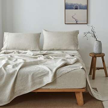 Simple&Opulence 100% French Linen Sheet Set Handmade Hemstitch Linen King Size-4 Piece (1 Flat Sheet 1 Fitted Sheet 2 Pillowcases)-Natural Flax Farmhouse Bedding