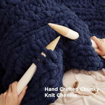 Bedsure Chunky Knit Throw Blanket for Couch - 100% Hand Knitted, 5.06 lbs Chenille Blanket for Bed Living Room Home Decor, Thick and Soft, Navy, 50x60 Inches