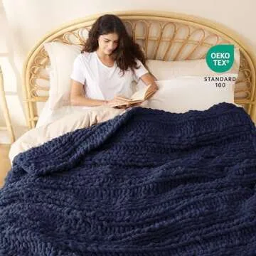 Bedsure Chunky Knit Throw Blanket for Couch - 100% Hand Knitted, 5.06 lbs Chenille Blanket for Bed Living Room Home Decor, Thick and Soft, Navy, 50x60 Inches