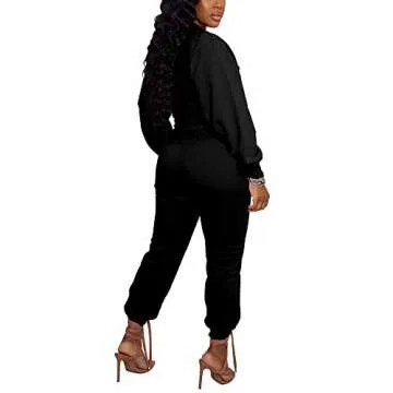 PINSV Women 2 Piece Outfits Sweatsuits Sets Long Sleeve Crop Top Jogger Sweatpants Tracksuits Casual Set Black S