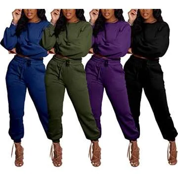PINSV Women 2 Piece Outfits Sweatsuits Sets Long Sleeve Crop Top Jogger Sweatpants Tracksuits Casual Set Black S