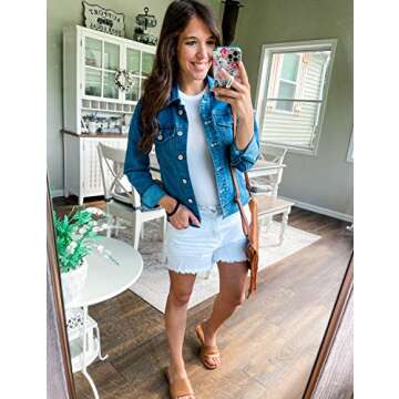 GRAPENT Women's Casual Basic Button Down Long Sleeve Stretchy Jean Trucker Denim Jacket with Pockets Blue Color Size Large US 12-14