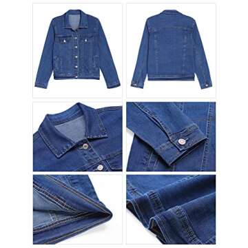 GRAPENT Women's Casual Basic Button Down Long Sleeve Stretchy Jean Trucker Denim Jacket with Pockets Blue Color Size Large US 12-14
