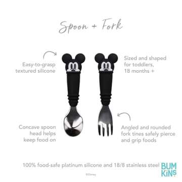 Bumkins Disney Toddler Utensils, Kids Size Fork and Spoon Set, Silicone and Stainless-Steel Training Silverware, Fork / Spork for Self-Feeding, Children Learning to Eat, 18 Mos Up, Mickey Mouse