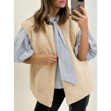 Tankaneo Womens Oversized Fuzzy Fleece Vest Outwear Cap Sleeve Casual Fall Sherpa Jackets