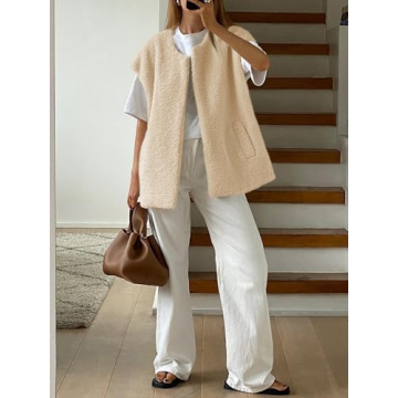 Tankaneo Womens Oversized Fuzzy Fleece Vest Outwear Cap Sleeve Casual Fall Sherpa Jackets