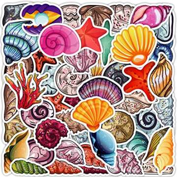 Sea Shell Stickers 50Pcs Laptop Stickers Aesthetic,Sea Life Waterproof Stickers,Luggage Bike Bumper Skateboard Computer Scrapbook Car Cup Decals Pack,Water Bottles Stickers for Kids Teens