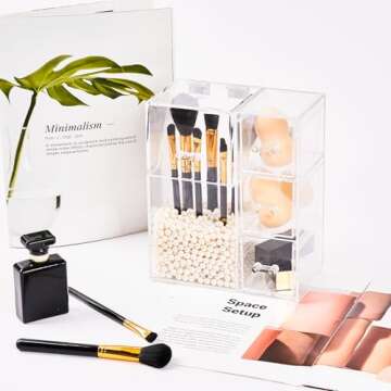 PuTwo Makeup Organizer with 1 Brush Holders and 3 Drawers All In One Case, White