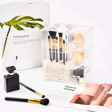 PuTwo Makeup Organizer with 1 Brush Holders and 3 Drawers All In One Case, White