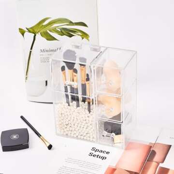 PuTwo Makeup Organizer with 1 Brush Holders and 3 Drawers All In One Case, White