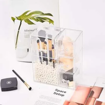 PuTwo Makeup Organizer with 1 Brush Holders and 3 Drawers All In One Case, White