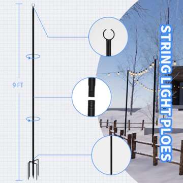 4Pack 9FT String Light Poles for Outside,Electrophoresis Design Waterproof and Rustproof,for Outdoor String Lights Garden,Patio,Wedding,Backyard,Deck,Party - Black