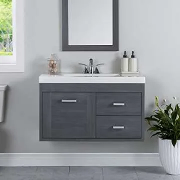 Spring Mill Cabinets Marlowe Floating Bathroom Vanity with 1-Door Cabinet, 2 Drawers, and White Sink...