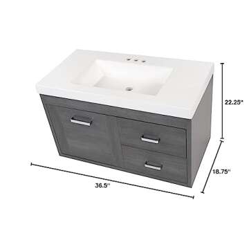 Spring Mill Cabinets Marlowe Floating Bathroom Vanity with 1-Door Cabinet, 2 Drawers, and White Sink Top, 36.5" W x 18.75" D x 22.25" H, Phantom