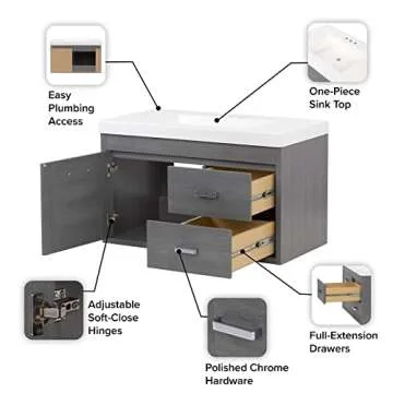 Spring Mill Cabinets Marlowe Floating Bathroom Vanity with 1-Door Cabinet, 2 Drawers, and White Sink Top, 36.5" W x 18.75" D x 22.25" H, Phantom