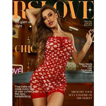 RSLOVE Women Lingerie Fishnet Bodysuit Sexy Rhinestone Cut Out Red