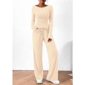 PRETTYGARDEN Women's 2 Piece Lounge Sets Asymmetrical Long Sleeve T Shirt Wide Leg Pants Casual Outfits Tracksuit (Beige,Large)