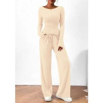 PRETTYGARDEN Women's 2 Piece Lounge Sets Asymmetrical Long Sleeve T Shirt Wide Leg Pants Casual Outfits Tracksuit (Beige,Large)