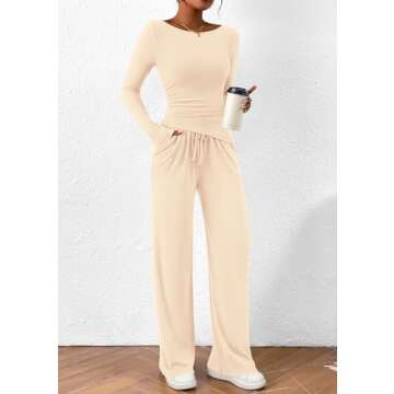 PRETTYGARDEN Women's 2 Piece Lounge Sets Asymmetrical Long Sleeve T Shirt Wide Leg Pants Casual Outfits Tracksuit (Beige,Large)