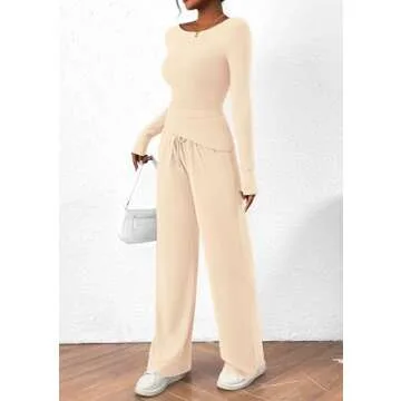 PRETTYGARDEN Women's 2 Piece Lounge Sets Asymmetrical Long Sleeve T Shirt Wide Leg Pants Casual Outfits Tracksuit (Beige,Large)