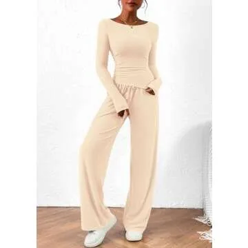 PRETTYGARDEN Women's 2 Piece Lounge Sets Asymmetrical Long Sleeve T Shirt Wide Leg Pants Casual Outfits Tracksuit (Beige,Large)