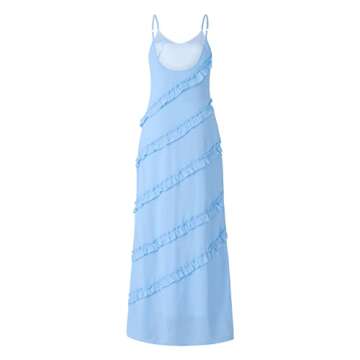 HOXIJIA Women Sexy Sleeveless Slit Dress Solid Color 3D Flower Sheer Mesh Irregular Ruffled Hem Tassels Dresses Streetwear(S-Blue, S)