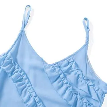 HOXIJIA Women Sexy Sleeveless Slit Dress Solid Color 3D Flower Sheer Mesh Irregular Ruffled Hem Tassels Dresses Streetwear(S-Blue, S)