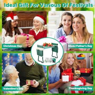 MENOLY Garden Kneeler and Seat, Folding Gardening Stool with Kneeling Pad, Gardening Bench with 6 Ga...