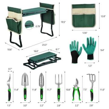 MENOLY Garden Kneeler and Seat, Folding Gardening Stool with Kneeling Pad, Gardening Bench with 6 Garden Tools, Tool Pouches, Glove, Detachable Belt, Gardening Gift for Women Men Mom Parents Elders