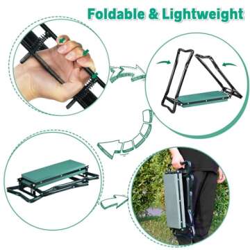 MENOLY Garden Kneeler and Seat, Folding Gardening Stool with Kneeling Pad, Gardening Bench with 6 Garden Tools, Tool Pouches, Glove, Detachable Belt, Gardening Gift for Women Men Mom Parents Elders