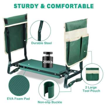 MENOLY Garden Kneeler and Seat, Folding Gardening Stool with Kneeling Pad, Gardening Bench with 6 Garden Tools, Tool Pouches, Glove, Detachable Belt, Gardening Gift for Women Men Mom Parents Elders