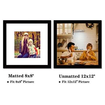 pojah 12x12 Black Picture Frame Set,Square Photo Frame with Mat Display Pictures 8x8 or 12x12 Withou...