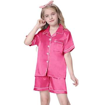 Schbbbta Satin Pajamas for Womens, 2 Pcs Sleepwear Short Sleeve Silk Satin Pajama Outfit for Girls, Hot Pink, US M