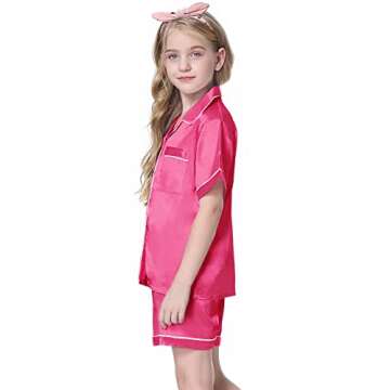Schbbbta Satin Pajamas for Womens, 2 Pcs Sleepwear Short Sleeve Silk Satin Pajama Outfit for Girls, Hot Pink, US M