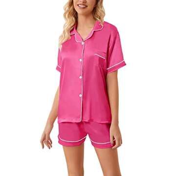 Schbbbta Satin Pajamas for Womens, 2 Pcs Sleepwear Short Sleeve Silk Satin Pajama Outfit for Girls, Hot Pink, US M
